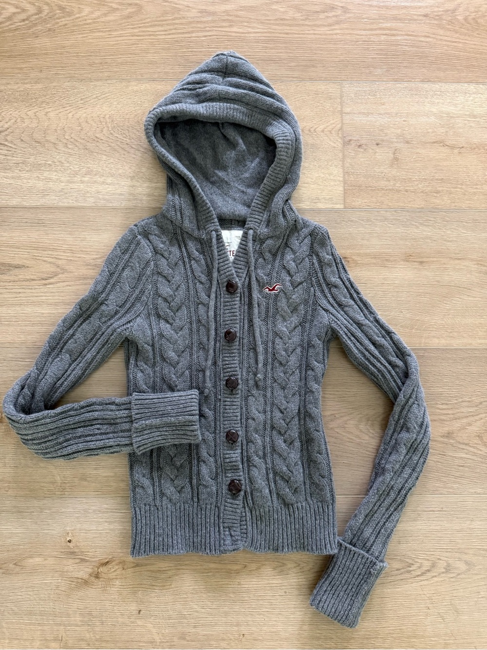 Vintage Hollister Cable Knit Hooded Cardigan Sweater Rabbit Hair Womens XS Gray